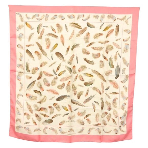HERMES Carre 90 Scarf ""PLUMES"" Silk Pink Auth BA4794 - Picture 1 of 14